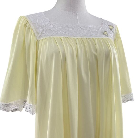 Vintage 90s Lucie Ann Buttercup Yellow Nylon Tulip & Lace Maxi Nightgown Size S - Picture 2 of 12